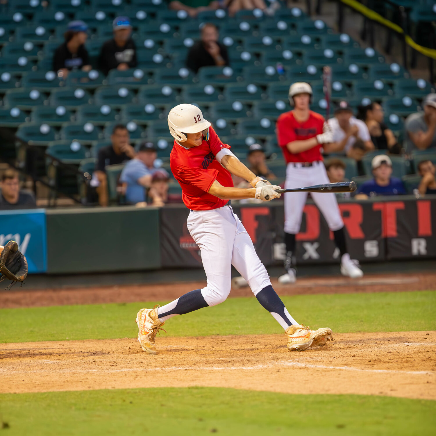 Nate Johnson hits a sac fly during Tuesday's GHBCA Futures All-Star game at Constellation Field in Sugar Land.